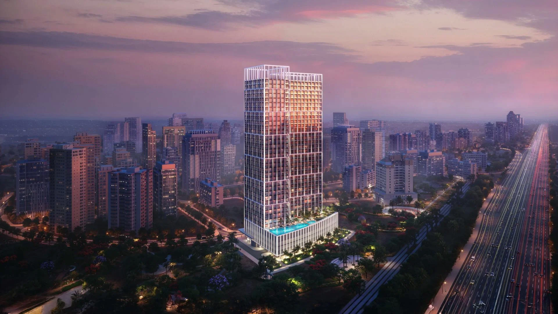 Binghatti Titania residential development exterior in Majan, Dubai