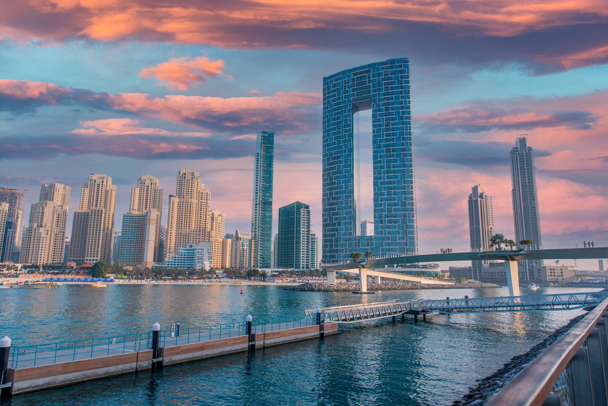 JBR beach at sunset with Ain Dubai on the horizon
