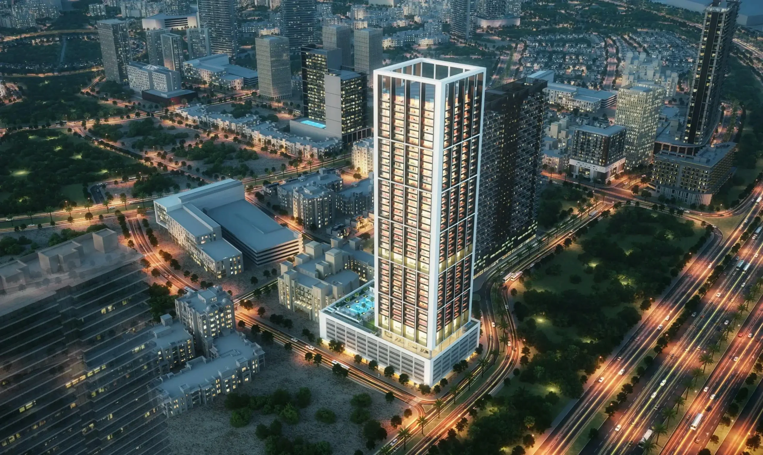 Binghatti Apex residential development exterior in Jumeirah Village Circle, Dubai