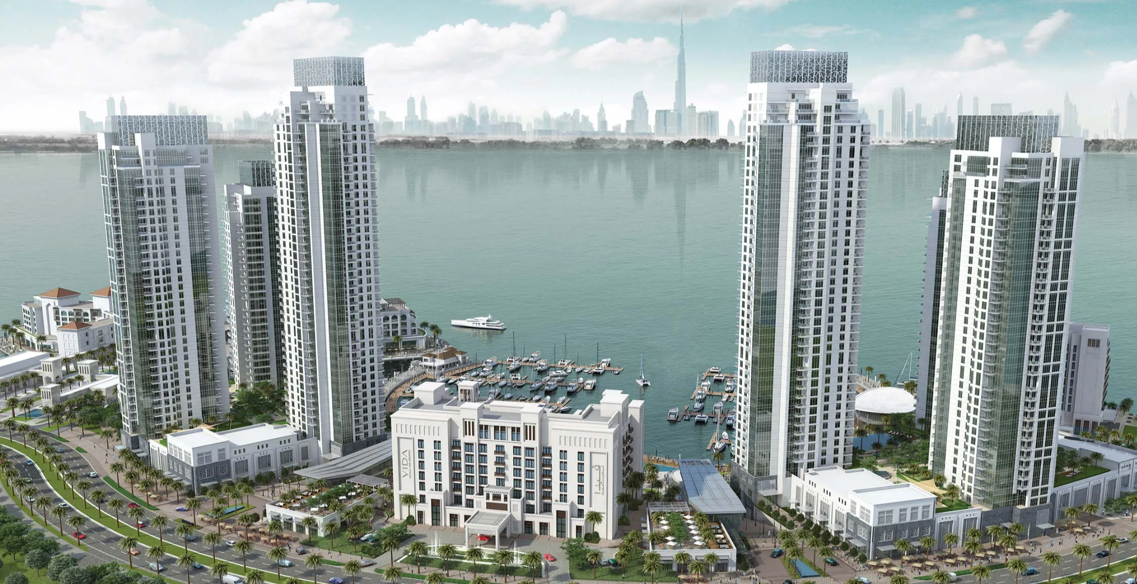 Official Emaar Dubai Creek Residences apartment towers hero rendering overlooking Creek Marina
