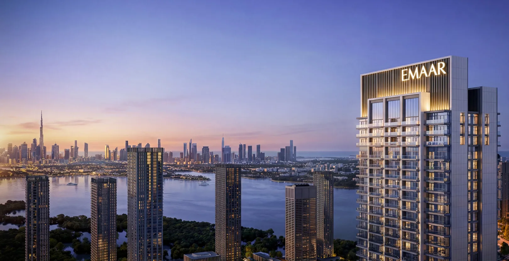 Official Emaar Valia waterfront residential high-rise hero rendering at Dubai Creek Harbour