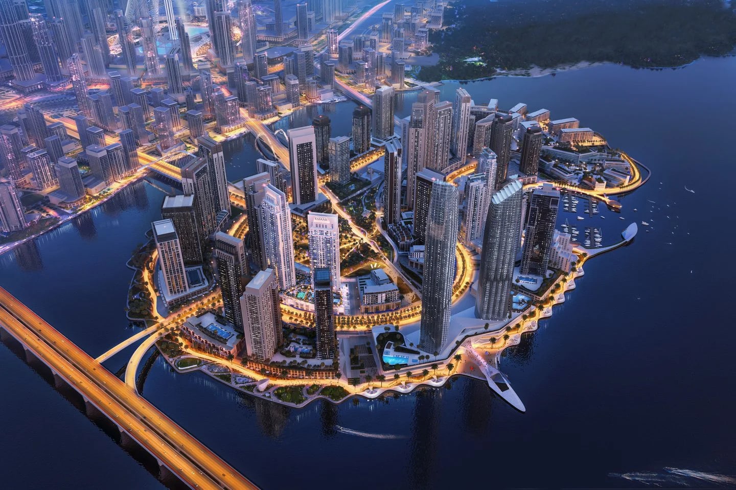 Dubai Creek Harbour waterfront at sunset