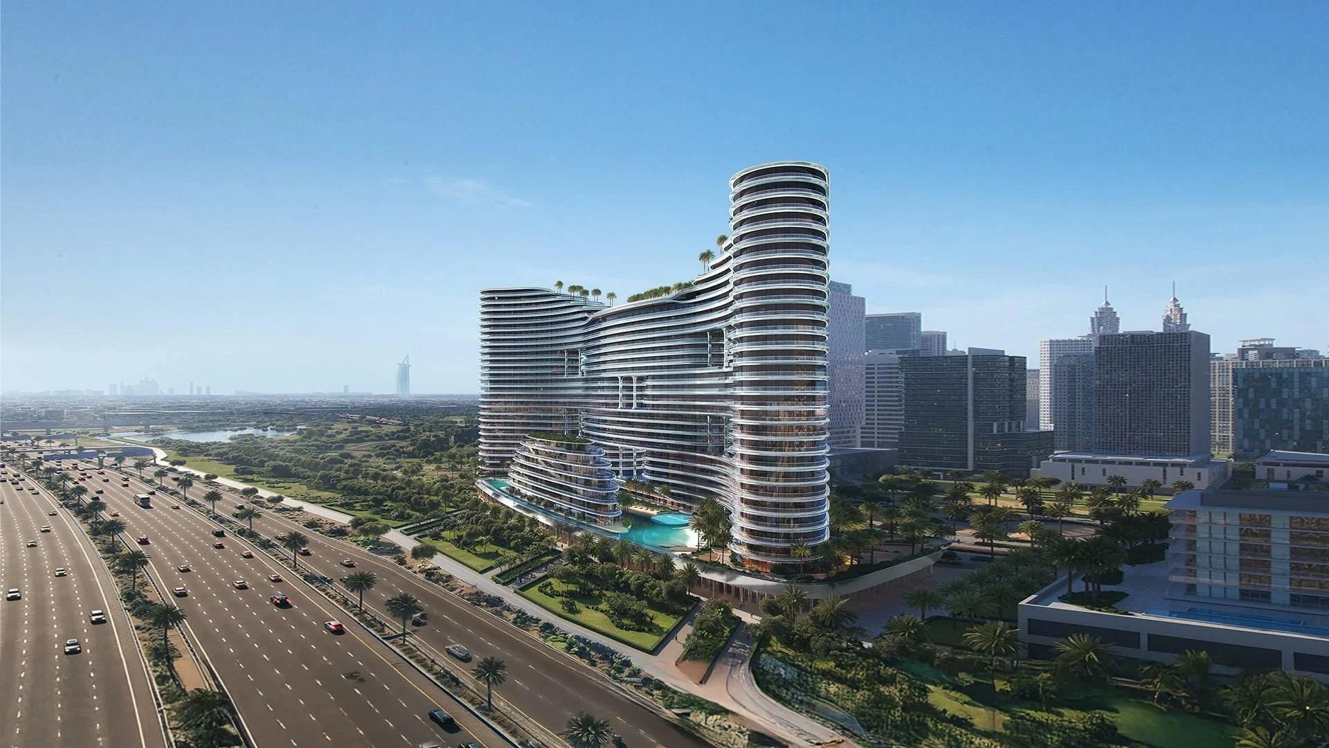 Binghatti Aquarise residential development exterior in Business Bay, Dubai
