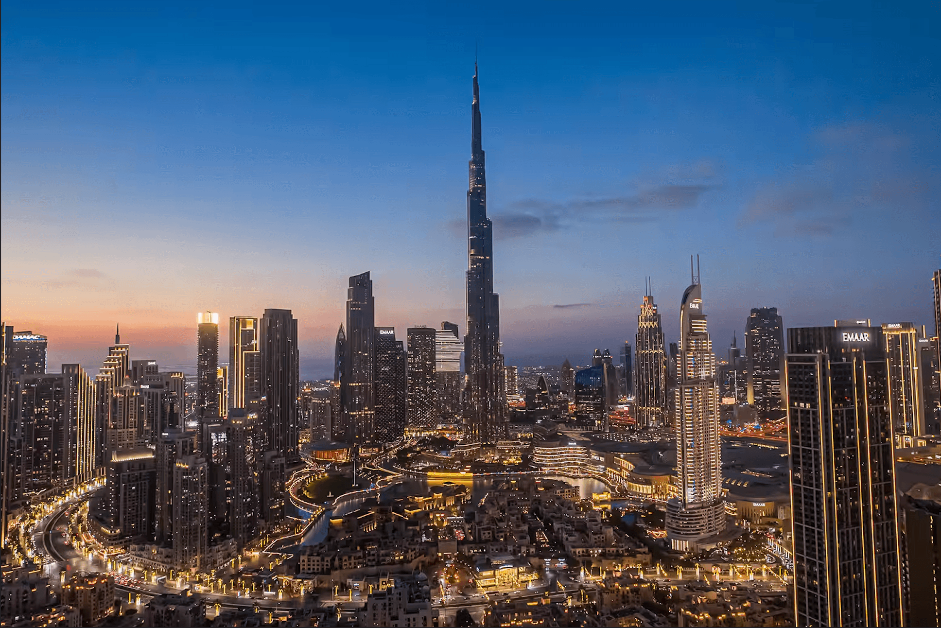 Downtown Dubai viewed from Burj Khalifa with the surrounding city district