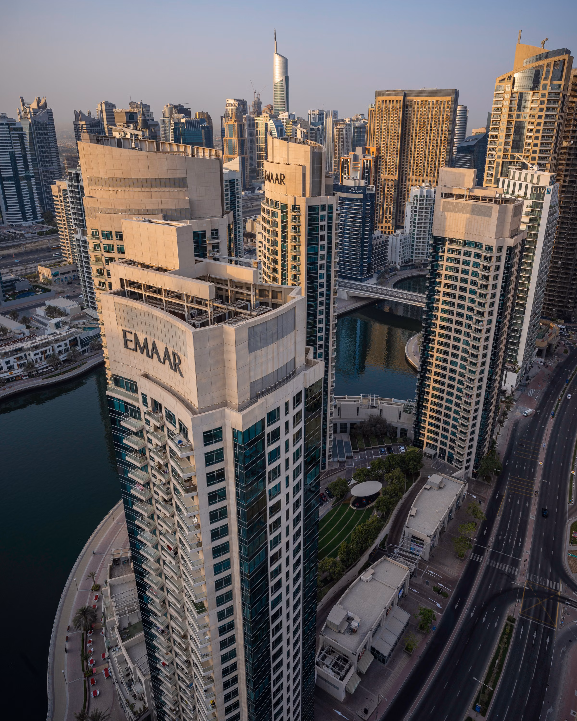 Dubai skyline at sunset, editorial aerial photograph