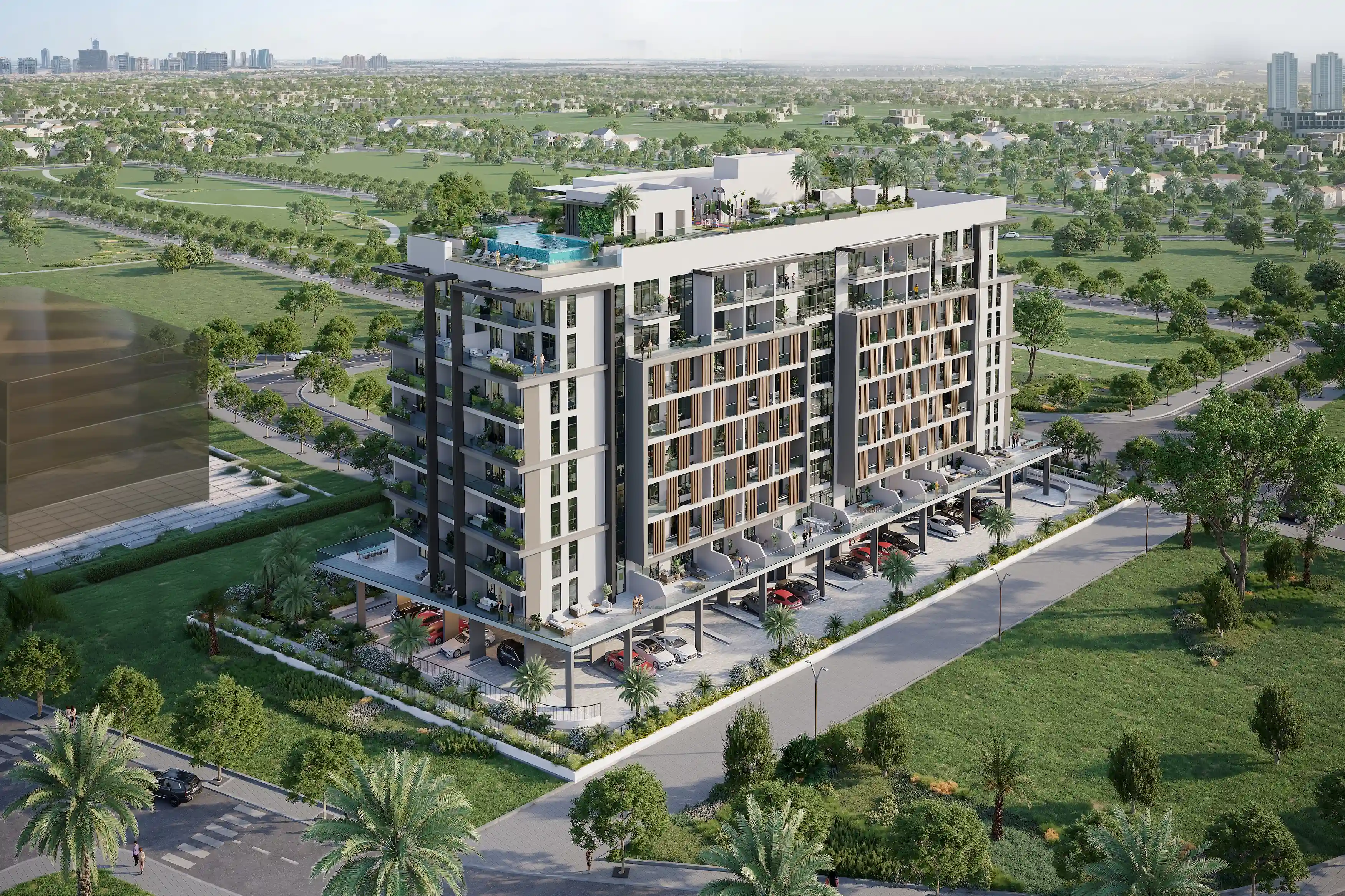 Refine-supplied exterior visualisation of Ghaff Land Residence, Dubai Studio City