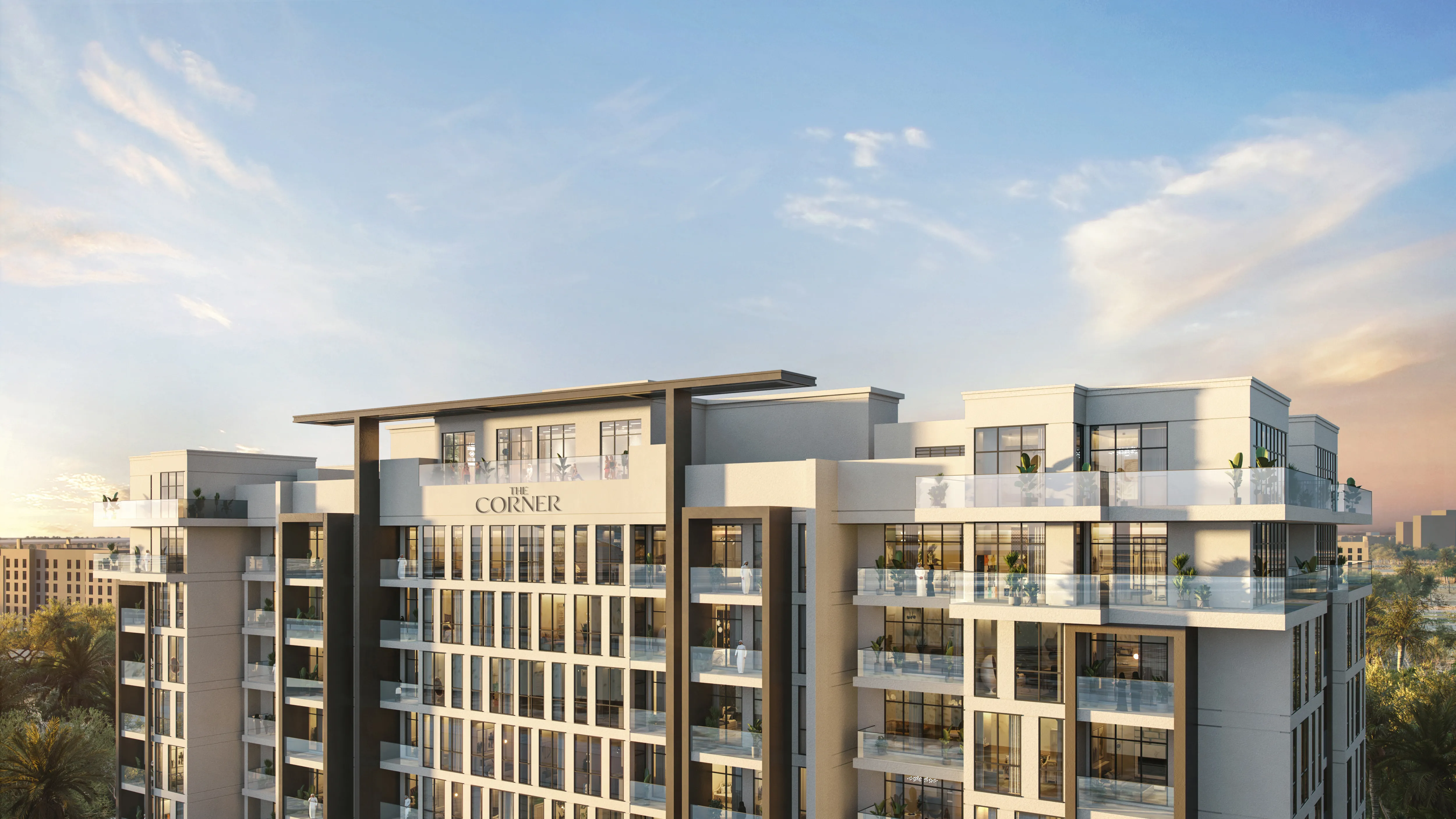 Refine-supplied exterior visualisation of The Corner residential development, Dubailand