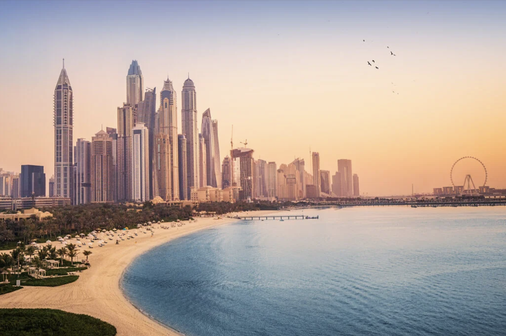 Dubai Marina skyline and waterfront at sunset