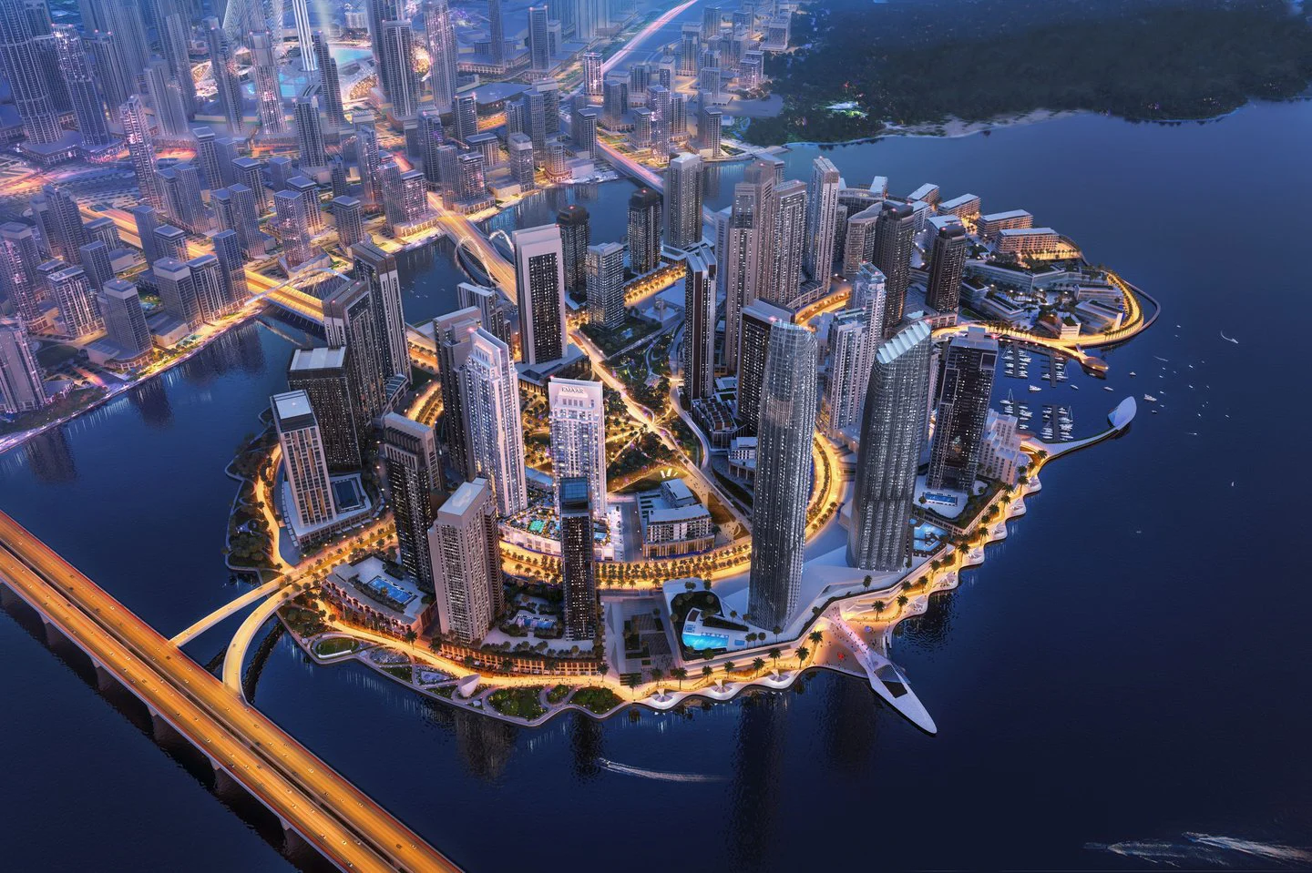 Dubai Creek Harbour waterfront at sunset