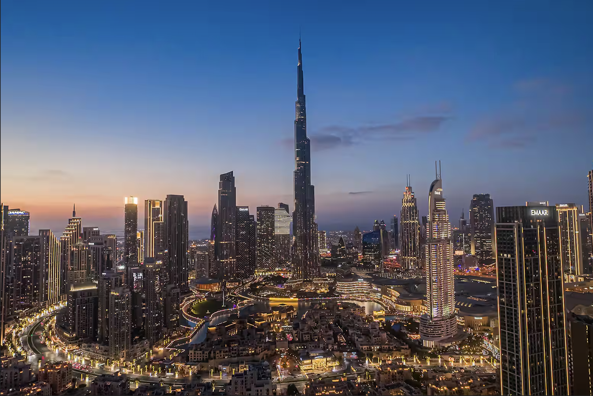 Downtown Dubai viewed from Burj Khalifa with the surrounding city district